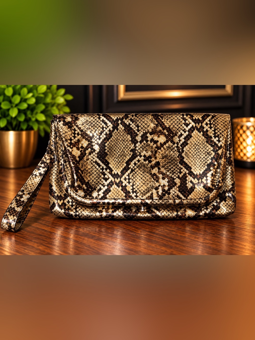 HOBO Metallic Gold Snakeskin Lauren Clutch Wallet Wristlet #28